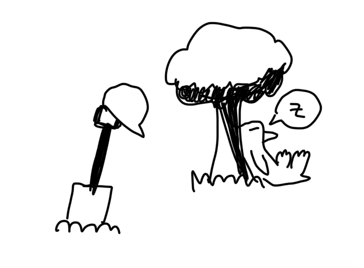 the penguin is napping under a tree, shovel and hard hat abandoned